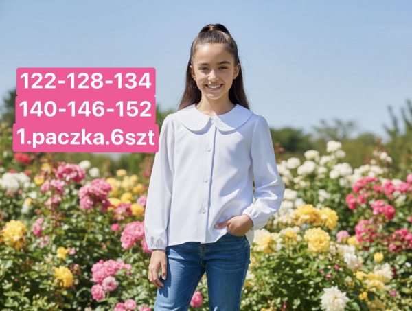 Koszule dziewczęce Roz 122-152, 1 kolor Paczka 6 szt